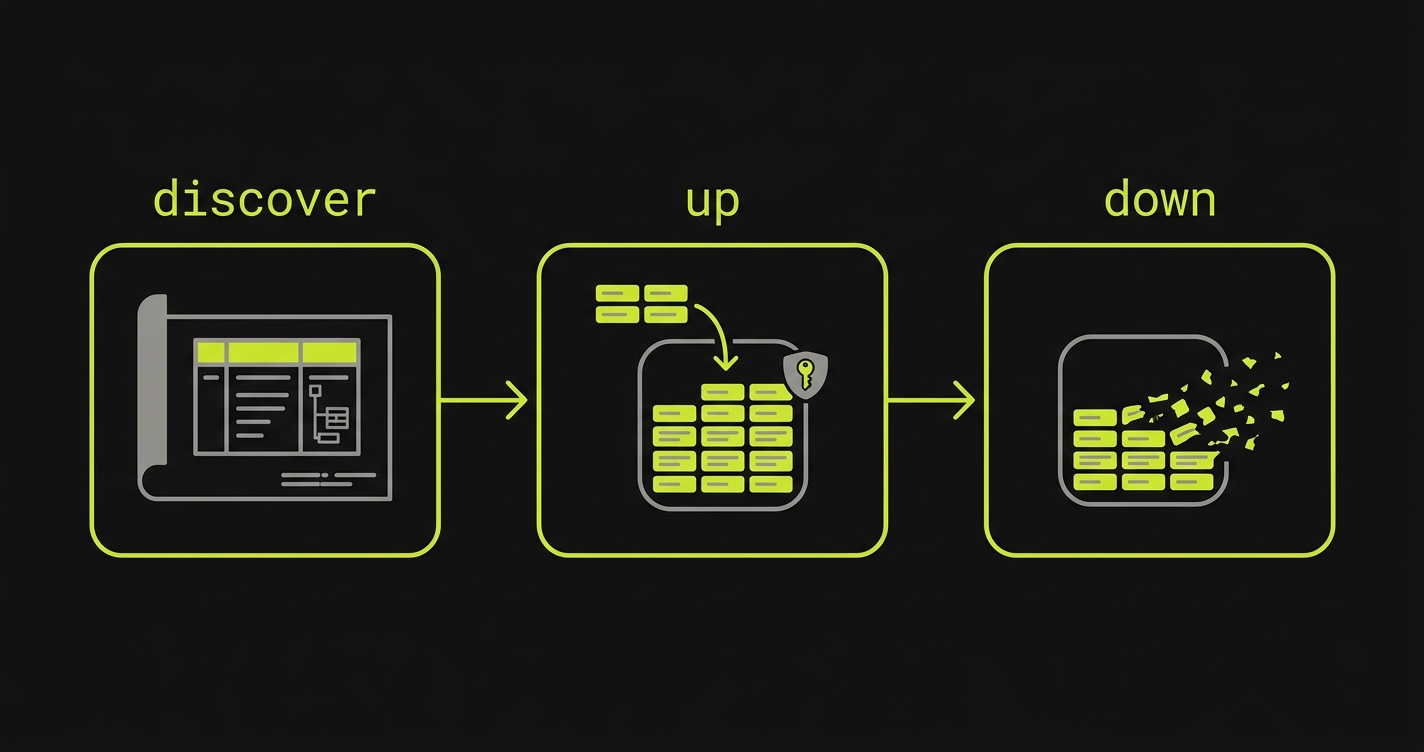 The discover, up, and down lifecycle: read the schema, create data, delete data