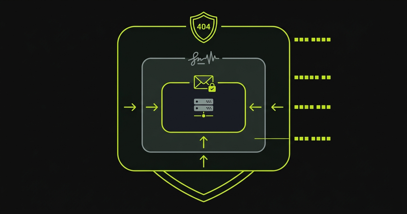 Three layers protect the endpoint: a production guard, request signing, and a signed teardown token