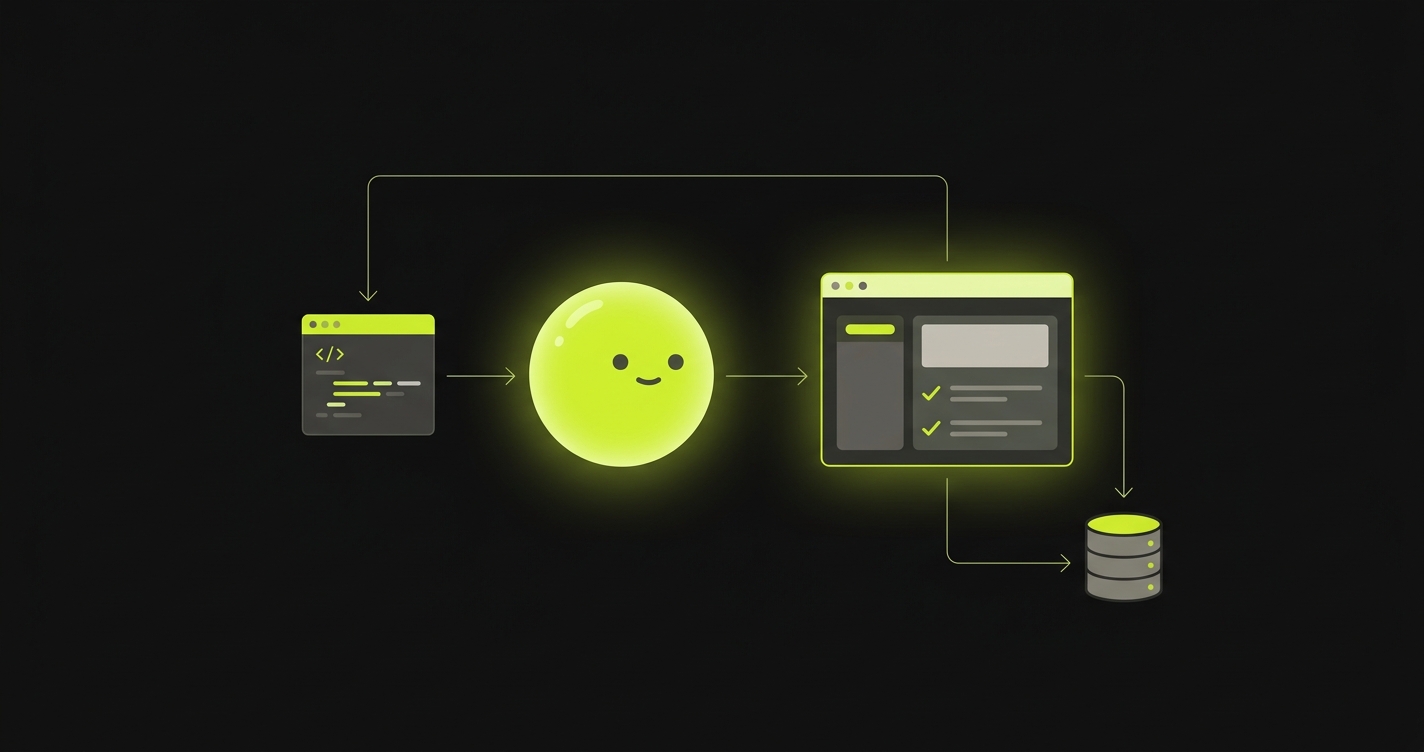 An AI testing agent reviewing a web app - reading the code change, running the app, and checking the database