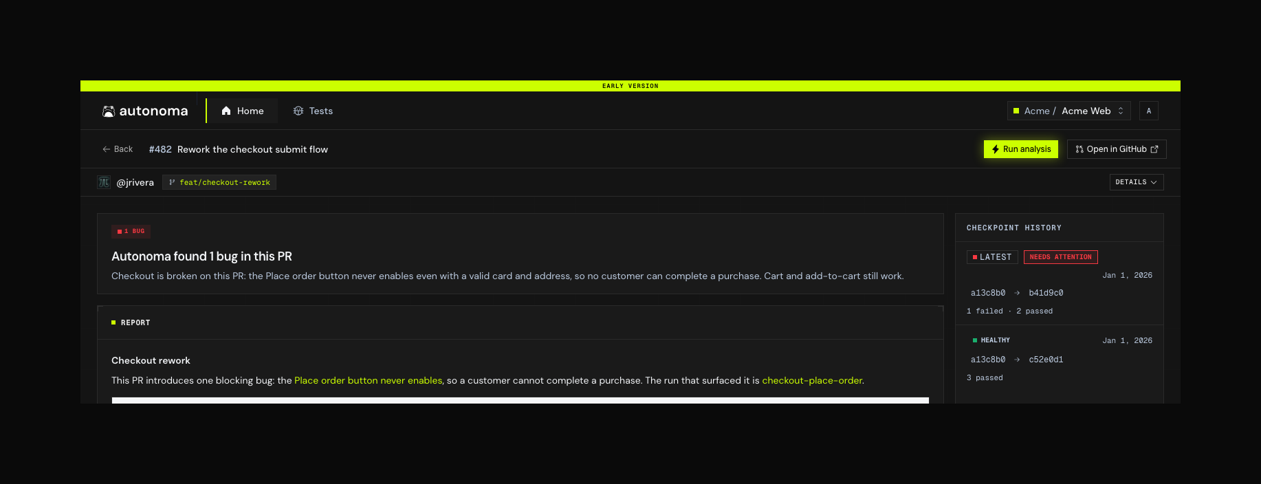 A pull request page in Autonoma. A red badge reads "1 open bug" beside a note that one environment or scenario issue was found. The headline reads "This PR has open bugs to fix", and the summary underneath says checkout is broken on this PR - the Place order button never enables even with a valid card and address, so no customer can complete a purchase, while cart and add-to-cart still work. Below is the written report, and a Checkpoint history rail on the right lists the latest run as "needs attention" with 1 failed, 2 passed and 1 bug, over an earlier healthy run with 3 passed