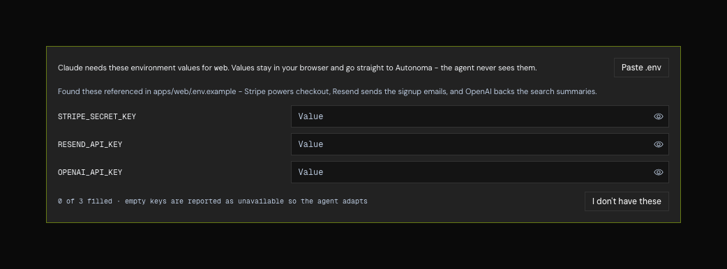 The env request prompt in Autonoma. A note reads "Claude needs these environment values for web. Values stay in your browser and go straight to Autonoma - the agent never sees them", followed by the agent's reason for each key: "Found these referenced in apps/web/.env.example - Stripe powers checkout, Resend sends the signup emails, and OpenAI backs the search summaries". Three rows - STRIPE_SECRET_KEY, RESEND_API_KEY and OPENAI_API_KEY - each with an empty masked value field. A "Paste .env" button sits top right, an "I don't have these" button bottom right, and a counter reads "0 of 3 filled - empty keys are reported as unavailable so the agent adapts"
