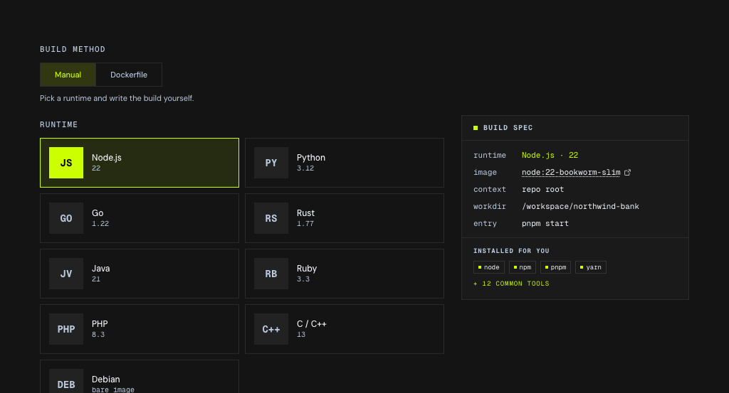 The manual build editor for an app. On the left, a grid of runtime tiles with Node selected, then Version, a Build script field badged bash, and an Entrypoint field. On the right a sticky "Build spec" rail previews the result - the runtime and version, the resolved base image, the build context at the repo root, the working directory, the entrypoint, and an "installed for you" list of tool chips