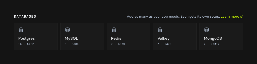 The Databases step of preview setup, showing an empty engine palette as five buttons in a row - Postgres, MySQL, Redis, Valkey and MongoDB - under the line "add as many as your app needs, each gets its own setup"
