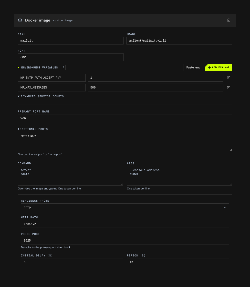 The advanced service config section expanded. It holds a primary port name, an additional-ports box containing metrics, command and args fields, and a readiness probe block with its kind set to HTTP - which reveals the fields that only that kind uses: an HTTP path, a probe port defaulting to the primary, an initial delay in seconds and a period in seconds