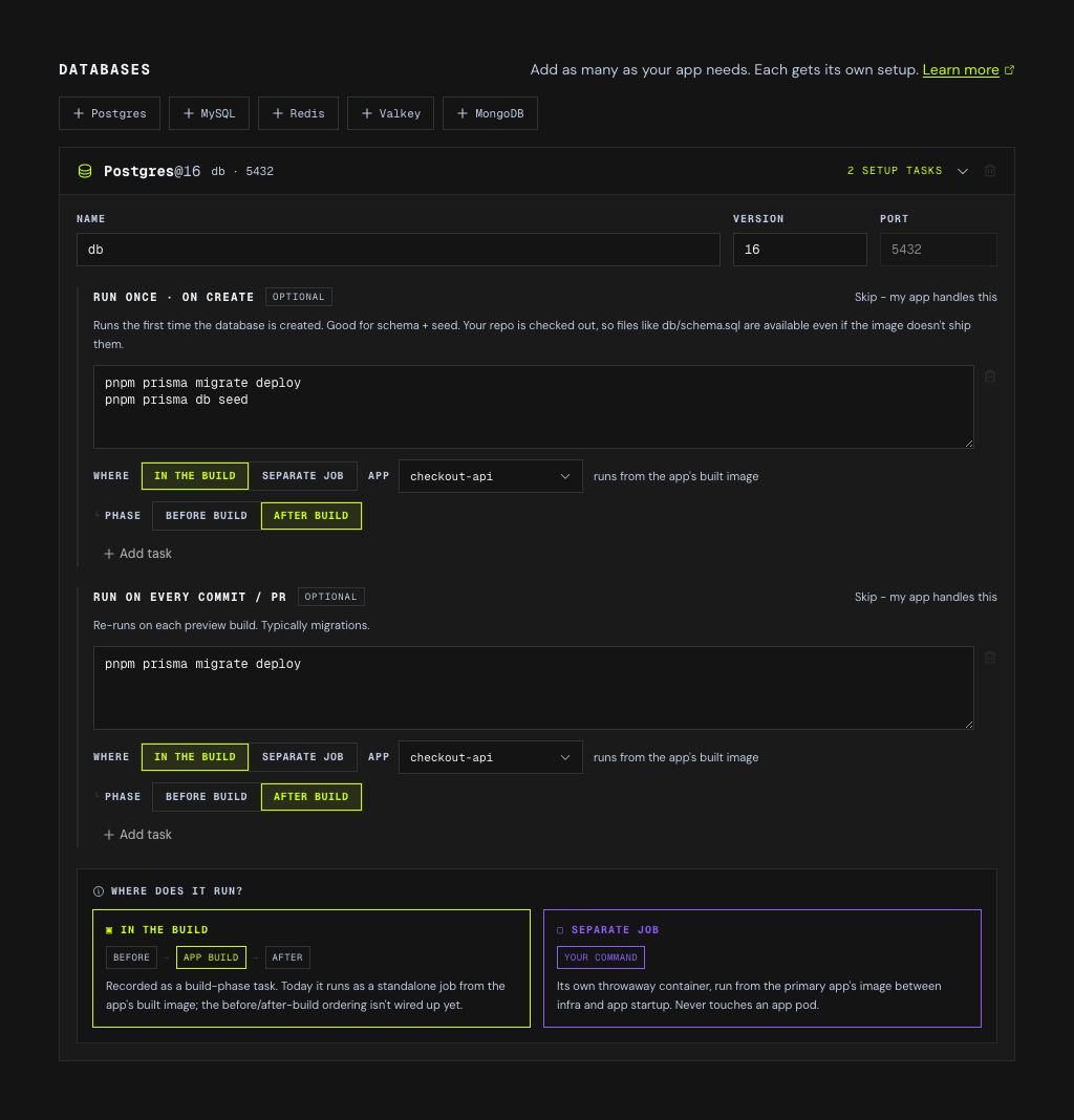 A Postgres database card in preview setup with two setup task groups. The first, "run once - on create", holds a command box with prisma migrate deploy and prisma db seed; the second, "run on every commit / PR", holds prisma migrate deploy. Each has a WHERE control switching between "in the build" (active, in lime) and "separate job" (in violet), an App picker naming which app's image the command borrows, and a nested PHASE control choosing before build or after build. Below them a "Where does it run?" explainer contrasts the two options side by side in the same lime and violet