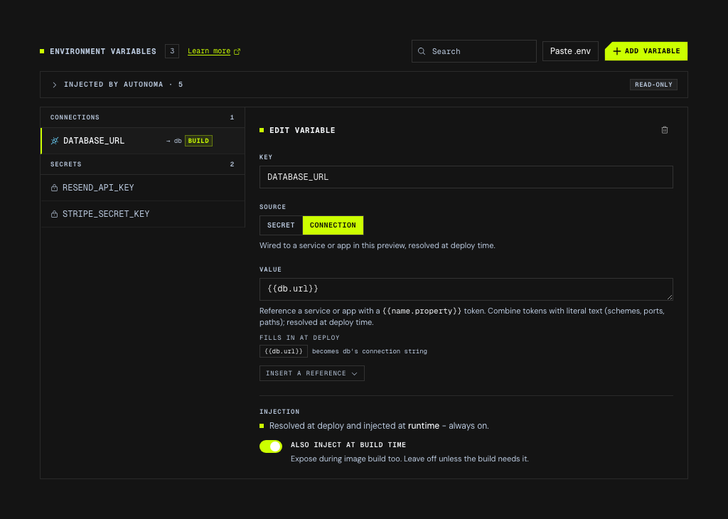 The variable editor in Autonoma with a connection selected. The key is DATABASE_URL, the Source control is set to CONNECTION with the note "wired to a service or app in this preview, resolved at deploy time", and the value field holds the token curly-brace db dot url. Below it a "Fills in at deploy" block spells out what the token becomes - db's connection string
