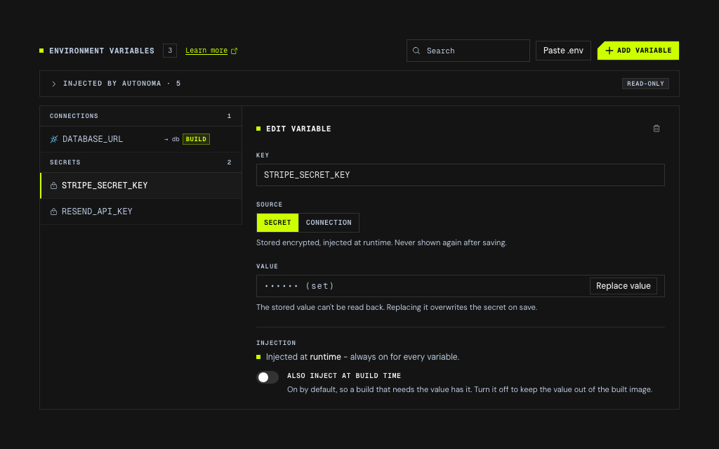 The Variables step of preview setup. On the left a list splits into two groups - Connections, holding DATABASE_URL with an arrow to db and a BUILD chip, and Secrets, holding STRIPE_SECRET_KEY and RESEND_API_KEY, each with a padlock. On the right an "Edit variable" panel shows the selected key, a Source control switching between SECRET and CONNECTION with SECRET active and the note "stored encrypted, injected at runtime, never shown again after saving", a value field reading "•••••• (set)" with a Replace value button and the note that the stored value can't be read back, and an Injection block reading "injected at runtime - always on for every variable" with an "also inject at build time" toggle beneath it