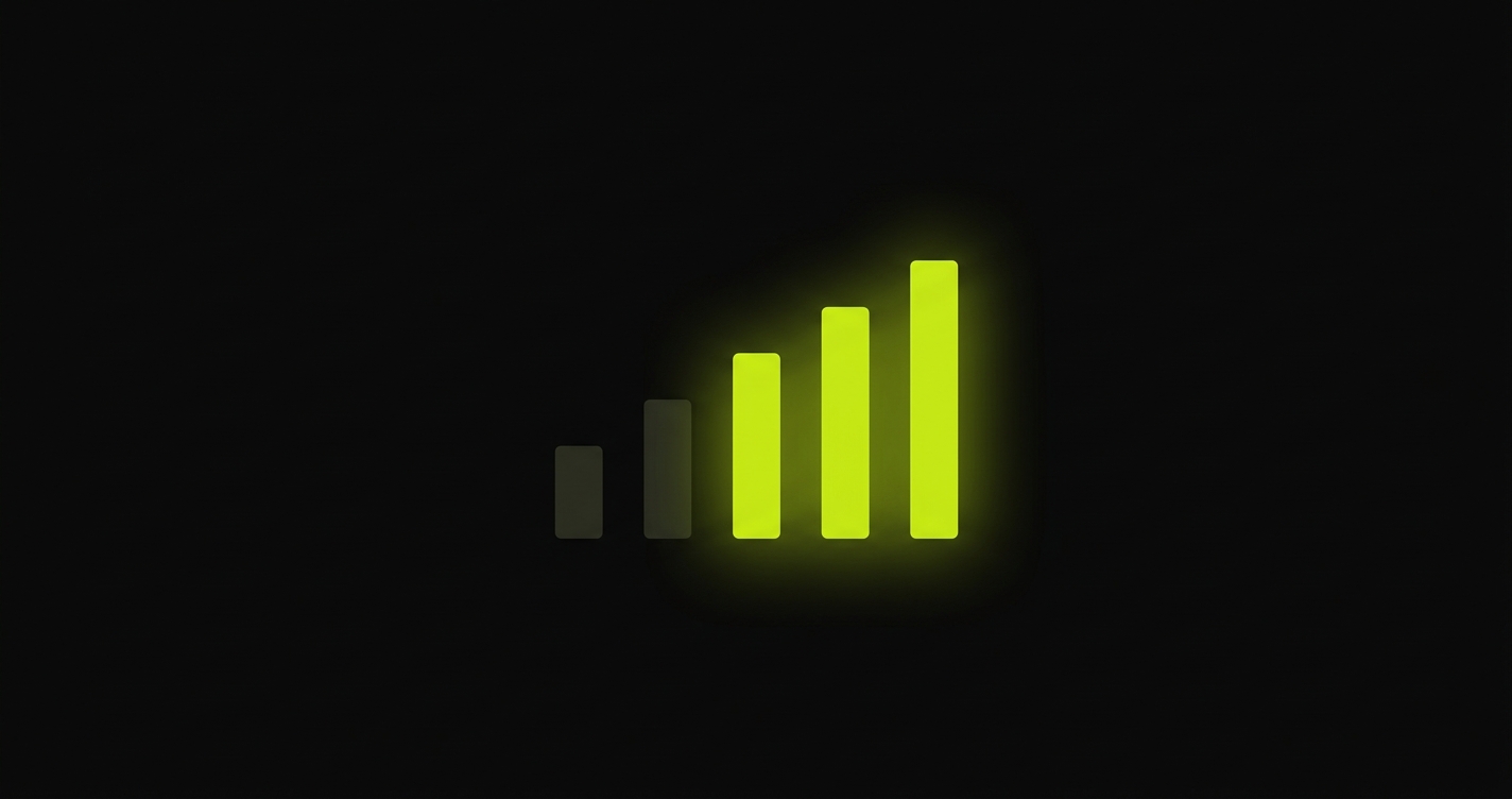 A row of five vertical bars rising left to right like a signal-strength meter. The two leftmost bars are dark and unlit; the three rightmost glow bright lime, showing a signal that grows stronger as the suite proves itself.